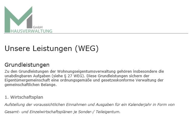 Leistungsbeschreibung WEG-Verwaltung der MI Hausverwaltung GmbH